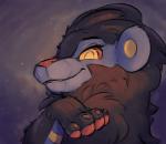 black_body black_fur blue_body blue_fur chest_tuft eyelashes female fluffy fur looking_at_viewer mane outside pawpads red_nose simple_background smile solo sparkles tuft yellow_eyes metalisk nintendo pokemon felid generation_4_pokemon luxray mammal pokemon_(species) 2020 digital_media_(artwork) headshot_portrait hi_res portrait