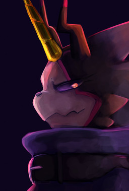 anthro belt black_body blue_cape blue_clothing cape clothing dark_sclera horn looking_at_viewer male pupils red_eyes side_eye side_view slit_pupils solo oko_konoko2 bandai_namco digimon digimon_(species) gulusgammamon headshot_portrait hi_res portrait