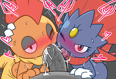 bodily_fluids collaborative collaborative_fellatio collaborative_oral collaborative_sex cum cum_in_mouth cum_inside fellatio genital_fluids genitals group holding_head male male/male oral penile penis sex sweat tongue tongue_out 00freeze00 nintendo pokemon generation_4_pokemon generation_5_pokemon pokemon_(species) scrafty weavile