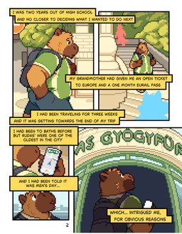 anthro brown_body brown_fur city clothed clothing detailed_background fur group male outside overweight overweight_anthro overweight_male solo stairs text trio walking conditional_dnp mabit background_character gabe_(mabit) capybara caviid mammal rodent 2025 comic digital_media_(artwork) english_text hi_res pixel_(artwork)