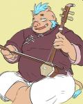 anthro asian_clothing belly biped bottomwear bowed_string_instrument chinese_clothing clothed clothing east_asian_clothing erhu humanoid_hands male mohawk musical_instrument overweight overweight_anthro overweight_male pants simple_background sitting solo string_instrument tusks nunutaro3 lifewonders tokyo_afterschool_summoners ganglie_(tas) mammal suid suina sus_(pig) wild_boar 2018 4:5 hi_res