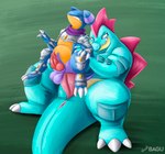 abdominal_bulge anal anal_penetration animal_genitalia anus armor bagu balls big_dom_small_sub big_penis blue_body carrying_another carrying_partner claws clothed clothing cobalt_(totodileweeb18) conditional_dnp crocodilian dominant dragon duo erection feraligatr fish gabite generation_2_pokemon generation_4_pokemon genital_slit genitals hi_res knot lizard male male/male marine mostly_nude mythological_creature mythological_scalie mythology nintendo nude orange_body partially_clothed penetration penis pink_penis pokemon pokemon_(species) red_penis reptile scalie scarf shark sitting size_difference smile tail thick_penis thick_tail