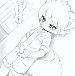 ambiguous_fluids anthro blush blush_lines cheek_tuft facial_tuft fluffy fluffy_tail fur genitals glistening glistening_eyes hair hand_on_penis inner_ear_fluff kemono male narrowed_eyes penis penis_poking_out penis_through_fly shota solo tail text thought_bubble tuft young young_anthro syuya 2020 digital_media_(artwork) hi_res japanese_text monochrome translation_request