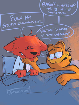 ambiguous_gender anthro bed_sheet bedding bedroom black_stripes clothed clothing duo fur hand_on_chin looking_at_another looking_at_partner male necktie night orange_body orange_fur partially_clothed pillow spade_tail speech_bubble striped_body striped_fur stripes tail text stinkplum garfield_(series) mythology garfield_the_cat stinkplum_(character) canid canid_demon canine demon domestic_cat felid feline felis hellhound mammal mythological_canine mythological_creature 3:4 colored colored_sketch hi_res sketch