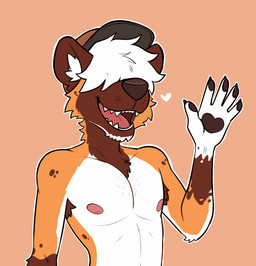 anthro armpit_hair black_claws black_clothing black_hat black_headwear body_hair brown_armpit_hair brown_body brown_clothing brown_ears brown_fur brown_hat brown_headwear brown_nose brown_pawpads claws clothing fangs fur gesture hair hair_over_eyes hat headgear headwear heart_pawpads heart_symbol male multicolored_body multicolored_fur nipples pawpads pink_nipples pose sharp_teeth simple_background smile solo standing teeth three-quarter_view tongue two_tone_hat waving waving_hand white_body white_fur white_hair clawzetto african_wild_dog canid canine mammal 2025 digital_media_(artwork)