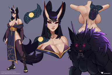 2_horns anthro armwear big_breasts black_body black_fur black_hair black_sclera breasts bridal_gauntlets clothed clothed_female clothed_humanoid clothing dress female fluffy fluffy_tail footwear fur glowing glowing_eyes grey_armwear grey_bridal_gauntlets grey_clothing grey_legwear grey_thigh_highs hair horn legwear looking_at_viewer nude nude_anthro nude_female pink_eyes solo tail tattoo thigh_highs toeless_footwear doomthewolf mythology hatred_(doomthewolf) animal_humanoid canid canid_humanoid canine canine_humanoid demon humanoid mammal mammal_humanoid mythological_canine mythological_creature werecanid werecanine werecreature werewolf wolf_humanoid 2026 hi_res