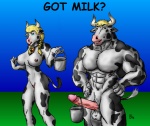 anthro balls blonde_hair blue_eyes breasts circumcised duo ear_piercing erection female genitals glans green_eyes hair horn humanoid_genitalia humanoid_penis male male/female muscular nipples nude penis piercing pussy tail sudonym bovid bovine cattle mammal