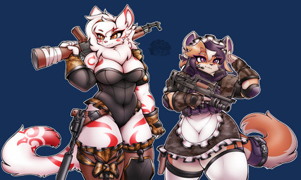 absolute_territory accessory ak-47 ak_platform anthro assault_rifle bag bottomwear breasts bulletproof_vest camo camo_bottomwear camo_clothing camo_print cleavage clothed clothing duo female fluffy fluffy_tail fur furgonomics gesture gun hair handgun holding_object holding_ranged_weapon holding_weapon legwear leotard maid_uniform male male/female pattern_bottomwear pattern_clothing pistol ranged_weapon rifle salute simple_background skirt smile tactical_gear tail tail_accessory tail_bag thick_thighs thigh_highs topwear transparent_background uniform weapon white_body white_fur wide_hips tasticstarlight felid feline felis mammal pantherine siberian_tiger tiger 5:3 alpha_channel hi_res