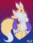 anthro black_sclera blue_eyes breasts claws female fur genitals pussy simple_background solo thick_thighs sunny_draconis bandai_namco digimon canid digimon_(species) mammal renamon absurd_res hi_res