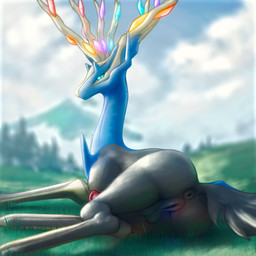 antlers anus backsack balls blue_eyes butt depth_of_field detailed_background erection feral field fur genitals glowing glowing_horn grass herm herm_feral horn intersex intersex_feral legs_together long_neck lying mountain on_side outside penis plant presenting presenting_anus presenting_hindquarters presenting_vulva puffy_anus solo vulva tohjoma nintendo pokemon deer generation_6_pokemon legendary_pokemon mammal pokemon_(species) xerneas xerneas_(active_mode) 1:1 2023