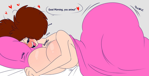 4_fingers after_sex anthro bed bed_sheet bedding big_breasts big_butt blush breast_jiggle breasts breath butt convenient_censorship female fingers furniture hair head_on_pillow heart_symbol huge_breasts huge_butt jiggling looking_at_viewer messy_hair panting pillow smile smiling_at_viewer solo speech_bubble thick_thighs denizen1414 disney goof_troop peg_pete mammal hi_res