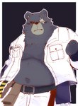 anthro belly black_body blush bottomwear clothed clothing kemono male navel open_clothing open_shirt open_topwear overweight overweight_male pants scar shirt solo topwear snow_utamaru mihoyo zenless_zone_zero ben_bigger bear mammal 2022 hi_res