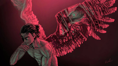 black_background black_hair clothed clothing gradient_background green_eyes hair hair_bun male muscular muscular_humanoid muscular_male pale_skin raised_hand red_background simple_background solo spread_wings topless topless_male wings nigtck attack_on_titan eren_jaeger humanoid titan_(attack_on_titan) winged_humanoid 2025