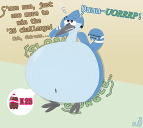 2_toes anthro belly beverage big_belly black_eyes bloated blue_body burping deep_navel dialogue feet huge_belly hyper hyper_belly male navel offscreen_character rumbling_stomach sitting sitting_on_ground soda solo tired toes 300redhun cartoon_network regular_show mordecai_(regular_show) avian bird blue_jay corvid jay_(bird) new_world_jay oscine passerine hi_res