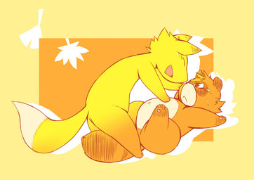 anthro belly bodily_fluids brown_body brown_fur chibi duo fur kemono lying male slightly_chubby sweat yellow_body yellow_fur chiro_(artist) canid canine fox mammal raccoon_dog tanuki 2014