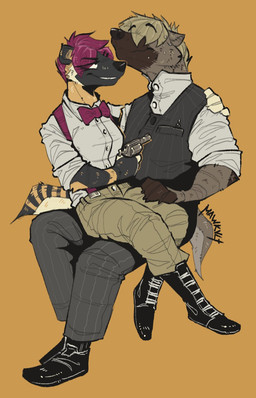 aiming_at_another aiming_gun aiming_weapon anthro boots clothing duo female footwear gun hair hand_on_leg handgun hidden_eyes holding_gun holding_handgun holding_object holding_ranged_weapon holding_revolver holding_weapon looking_at_another looking_at_partner looking_up male male/female on_lap pen purple_hair ranged_weapon revolver shoes sitting sitting_on_another sitting_on_lap smile smiling_at_another smiling_at_partner tail weapon mawkvlt spoon_(spoonchomper) trofim_wolverine_(mawkvlt) gulonine mammal mustelid musteline wolverine 9:14 hi_res