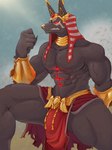 abs anthro biceps black_body bodily_fluids bottomwear bulge clenched_teeth clothing egyptian egyptian_clothing egyptian_headdress fist genitals jewelry loincloth male muscular muscular_anthro muscular_male muscular_thighs nemes_(clothing) pecs penis red_eyes serratus solo sweat teeth triceps vein veiny_penis zexil blizzard_entertainment egyptian_mythology middle_eastern_mythology mythology overwatch anubis anubis_reaper reaper_(overwatch) anubian_jackal canid canine canis deity jackal mammal 3:4 hi_res