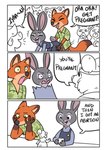 anthro biped canid canine clothed clothing comic dialogue dipstick_tail disney english_text eyes_closed female fingers fox group humor interspecies judy_hopps lagomorph leporid machati male male/female mammal markings meme multiple_scenes nick_wilde open_mouth open_smile ora_ora_get_pregnant predator/prey rabbit smile speech_bubble tail tail_markings text trio zootopia