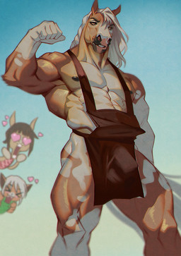 5_fingers admiring anthro apron apron_only bedroom_eyes biceps big_bulge biped black_nipples black_sclera blue_background bulge clothed clothing deltoids detailed_bulge fingers flexing genital_outline gradient_background group hair heart_eyes heart_symbol male male_anthro mostly_nude mottled muscular muscular_anthro muscular_male muscular_thighs narrowed_eyes nipples orange_eyes oversized_clothing penis_outline piebald pose seductive simple_background skimpy sky solo_focus standing trio white_hair girlwithdrill equid equine horse mammal 2025 absurd_res hi_res pinup