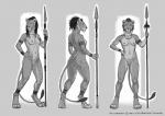 anthro breasts digitigrade female genitals hair jewelry looking_at_viewer melee_weapon nipples nude polearm pussy solo spear tasteful_nudity tribal weapon anisis felid lion mammal pantherine 2019 monochrome