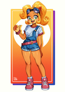 anthro blonde_hair breasts clothed clothing eyewear eyewear_on_head female footwear fur goggles goggles_on_head green_eyes hair multicolored_body multicolored_fur open_mouth shirt shoes socks solo t-shirt tan_body tan_fur teeth tongue topwear two_tone_body two_tone_fur wristband gravydood activision crash_bandicoot_(series) coco_bandicoot bandicoot mammal marsupial absurd_res full-length_portrait hi_res portrait