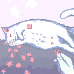 ambiguous_feral ambiguous_gender ambiguous_human ambiguous_pov duo feral feral_focus first_person_view fur grass holding_puzzle_piece human_pov lying on_side plant puzzle_piece quadruped sleeping solo_focus tail white_body white_fur white_tail dollworm domestic_cat felid feline felis human mammal 1:1 restricted_palette