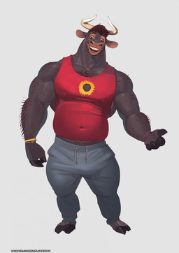 5_fingers abstract_background anthro arm_hair belly big_muscles blue_eyes body_hair bottomwear chest_hair clothing curly_hair fingers hair horn large_male male musclegut muscular muscular_anthro muscular_male navel open_mouth open_smile pants red_clothing red_shirt red_topwear shirt simple_background smile solo sweatpants tank_top teeth topwear white_background purplebirdman bovid bovine cattle mammal 2026 colored_sketch compression_artifacts digital_media_(artwork) digital_painting_(artwork) full-length_portrait hi_res painting_(artwork) portrait shaded sketch