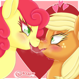 after_kiss blush blushing_profusely bodily_fluids boop duo eyelashes female female/female feral freckled_face freckles heart_eyes heart_symbol kissing long_eyelashes looking_down motion_lines nose_boop saliva saliva_string shaking c33purr friendship_is_magic hasbro my_little_pony applejack_(mlp) strawberry_sunrise_(mlp) equid equine horse mammal pony 1:1 absurd_res hi_res