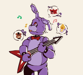 anthro bib blep bow_tie clothing electric_guitar eye_patch eyewear guitar hat headgear headwear machine male metallic_body musical_instrument musical_note musical_symbol one_ear_up playing_guitar playing_music plucked_string_instrument purple_body question_mark simple_background solo speech_bubble string_instrument symbol tongue tongue_out top_hat calemonssi five_nights_at_freddy's flying_v gibson scottgames bonnie_(fnaf) chica_(fnaf) foxy_(fnaf) freddy_(fnaf) animatronic avian bear bird canid canine chicken fox galliform lagomorph leporid mammal phasianid rabbit robot 2022 absurd_res hi_res