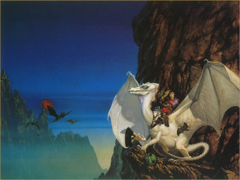 anthro blue_sky claws clothing duo feral flying green_eyes male membrane_(anatomy) membranous_wings mountain outside riding scan sky spread_wings straddling tail white_body wings michael_whelan mythology pern jaxom_(pern) ruth_(pern) dragon human mammal mythological_creature mythological_scalie scalie 1978 20th_century ancient_art