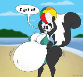anthro ball beach beach_ball belly big_belly big_breasts bikini bikini_bottom bikini_top black_body black_fur breasts butt clothing cloud copyright_symbol eyes_closed female fur hair huge_belly huge_breasts hyper hyper_belly hyper_pregnancy inflatable navel open_mouth outie_navel pregnant pregnant_anthro pregnant_female sand seaside sky solo speech_bubble swimwear symbol text thick_thighs two-piece_swimsuit water white_body white_fur white_hair satsumalord stacy_(satsumalord) mammal mephitid skunk 2025 digital_media_(artwork) english_text hi_res