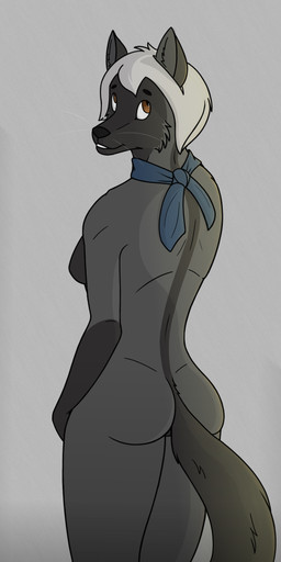 anthro breasts butt female fox_tail fur grey_body grey_fur hair nude scarf simple_background smile solo whiskers white_hair hassillio canid canine fox mammal red_fox silver_fox true_fox 6:13 digital_media_(artwork) hi_res wallpaper