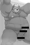 anthro balls belly big_belly erection front_view genitals humanoid_genitalia humanoid_penis male moobs nipples overweight overweight_male penis solo wet cheezypb lifewonders live_a_hero goro_(live_a_hero) bear mammal 2022 2:3 censored hi_res monochrome