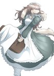anthro basket bedding blanket blush brown_body brown_fur brown_hair clothing container dress female fur green_eyes hair maid_headdress maid_uniform picnic_basket simple_background smile solo standing tan_body tan_fur uniform white_background mttbsmn littell_(mttbsmn) canid canine canis domestic_dog mammal absurd_res hi_res