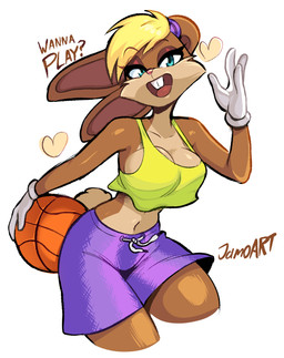 anthro basketball blonde_hair blue_eyes bottomwear breasts brown_body buckteeth clothing collarbone crop_top dialogue eyebrows eyelashes female gloves hair handwear heart_symbol navel open_mouth shirt shorts sign solo tail teeth toony topwear jamoart looney_tunes warner_brothers lola_bunny lagomorph leporid mammal rabbit 2026 hi_res