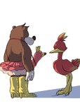 anthro awkward beak brown_body brown_fur claws clothed clothing costume duo faceless feathers female feral footwear fur high_heels male nude red_body red_feathers shoes simple_background white_background iro_gomasio banjo-kazooie rareware banjo_(banjo-kazooie) kazooie avian bear breegull mammal 2021