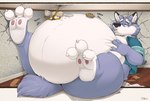 anthro belly big_belly broken_furniture clothing ear_piercing eating food fur grey_body grey_fur growth hand_on_belly male overweight overweight_male pastry paws pie piercing shirt solo stuffing tail topwear weight_gain white_body white_fur teaselbone teaselbone_(character) canid canine canis mammal wolf 2024 hi_res