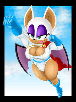 anthro bat_wings big_breasts big_ears black_border black_nose blue_boots blue_clothing blue_footwear blue_gloves blue_handwear boots border breasts cape cleavage_cutout clothing cosplay crossover_cosplay cutout eyelashes eyeshadow female footwear front_view fur gloves green_eyes handwear leotard lipstick makeup membrane_(anatomy) membranous_wings pink_lipstick purple_eyeshadow purple_wings red_cape red_clothing shoes sky smile solo tan_body tan_fur thick_thighs white_body white_clothing white_fur white_leotard wide_hips wings jbreak1 sega sonic_the_hedgehog_(series) power_girl rouge_the_bat bat mammal crossover hi_res
