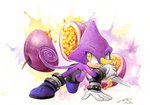 action_pose anthro clothing food footwear frown fruit gloves handwear holding_object horn male passion_fruit plant pose purple_body purple_skin shoes solo spiral_tail weapon yellow_eyes yellow_horn finikart sega sonic_the_hedgehog_(series) espio_the_chameleon chameleon lizard reptile scalie 2020 full-length_portrait hi_res portrait purple_theme signature traditional_media_(artwork)