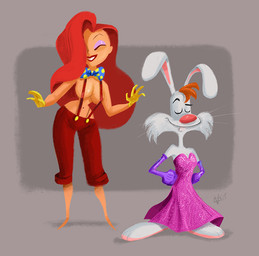 alternate_costume anthro breasts canon_couple clothed clothed_anthro clothed_female clothed_human clothed_male clothing clothing_swap crossdressing dress duo female gloves hair hair_over_eye handwear husband_and_wife larger_female larger_human male married_couple medium_breasts size_difference small_breasts smaller_anthro smaller_male standing tan_body tan_skin yellow_clothing yellow_gloves yellow_handwear jeffvictor disney who_framed_roger_rabbit jessica_rabbit roger_rabbit human lagomorph leporid mammal rabbit 2015 digital_drawing_(artwork) digital_media_(artwork) english_description