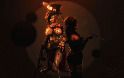 alternate_color alternative_fashion anthro big_breasts black_hair body_tattoo bottomwear breasts cigarette clothing crossgender duo featureless_breasts female female_anthro female_human gear glowing glowing_eyes green_eyes gun hair hat headgear headwear holding_cigarette holding_gun holding_object holding_ranged_weapon holding_rifle holding_weapon loincloth long_hair machine mtf_crossgender ranged_weapon rifle smoke smoke_from_mouth smoking smoking_cigarette steampunk tattoo top_hat weapon lamoz571 disembowell_(modeler) five_nights_at_freddy's five_nights_at_freddy's_2 scottgames toy_bonnie_(fnaf) animatronic human lagomorph leporid mammal rabbit robot robot_anthro 2017 3d_(artwork) digital_media_(artwork) hi_res source_filmmaker_(artwork)