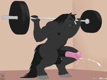 abs animal_genitalia animal_penis anthro balls barbell barbell_squats biceps bodily_fluids cum cumshot ejaculation equine_genitalia equine_penis erection exercise genital_fluids genitals green_eyes hooves male muscular muscular_anthro muscular_male nipples nude pecs penis solo squats tail vein veiny_balls veiny_muscles veiny_penis weightlifting workout elbestia equid equine horse mammal 4:3