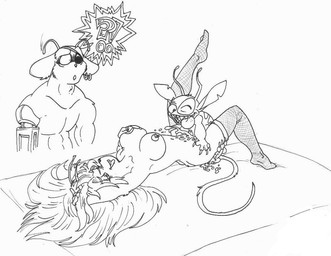 antennae_(anatomy) bed bodily_fluids breasts buckteeth clothing cum cybernetics ear_piercing ear_ring eye_patch eyewear female from_front_position furniture genital_fluids group happy interrobang legwear lying machine male male/female missionary_position on_back piercing prosthetic prosthetic_arm prosthetic_limb ring_piercing sex stockings teeth unknown_artist biker_mice_from_mars disney lilo_and_stitch harley_(bmfm) modo_(bmfm) stitch_(lilo_and_stitch) alien experiment_(lilo_and_stitch) house_mouse mammal martian mouse murid murine rodent monochrome