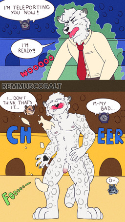 anthro arena balls battle blush embarrassed exposed fighting_pose flaccid genitals group humiliation male nude outside penis pose remmus_cobalt canid canine canis felid feline mammal pantherine snow_leopard tiger wolf absurd_res comic hi_res