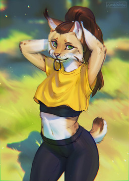 anthro black_bottomwear black_clothing black_pants black_topwear blurred_background bottomwear brown_hair cheek_tuft clothed clothing crop_top ear_tuft facial_tuft female fur glistening glistening_eyes green_eyes hair hand_behind_head long_hair looking_at_viewer mouth_closed object_in_mouth outside pants ponytail shirt solo standing tan_body tan_fur topwear tuft whiskers white_body white_fur yellow_clothing yellow_topwear lostgoose felid mammal 2022 chromatic_aberration dated hi_res portrait signature three-quarter_portrait