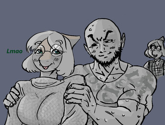 anthro arm_grab bald beard big_breasts biped blue_eyes blush bodily_fluids bone_frill breasts clothed clothed_anthro clothed_female clothed_human clothed_male clothing eyewear facial_hair female fingers frill_(anatomy) front_view glasses grey_background group hands_on_arms human_on_anthro humanoid_hands interspecies looking_at_another male male/female medium_hair muscular muscular_human muscular_male non-mammal_breasts open_mouth round_glasses simple_background standing sweat sweatdrop sweater text topwear trio popplionetm cavemanon_studios goodbye_volcano_high ko_op_(game_developer) snoot_game anon_(snoot_game) naomi_(gvh) dinosaur hadrosaurid human mammal ornithischian ornithopod parasaurolophus prehistoric_species reptile scalie 2025 english_text