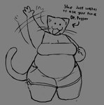 2024 4_fingers :3 anthro beady_eyes belly belly_overhang black_and_grey black_line_art bottomwear breasts cassi_cat_(cassicat) cassicat cleavage clothed clothing digital_media_(artwork) dolphin_shorts domestic_cat english_text felid feline felis female fingers front_view fully_clothed gesture grey_background happy looking_at_viewer mammal markings medium_breasts mole_(marking) monochrome open_:3 open_mouth open_smile overweight overweight_anthro overweight_female shorts simple_background sketch smile solo standing tail text thick_thighs trans_(lore) trans_woman_(lore) waving whiskers wide_hips