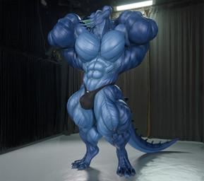 anthro big_muscles bulge clothed clothing flexing huge_muscles hyper hyper_muscles inside male muscular muscular_male photo_shoot solo striated_muscles thong thong_only topless underwear underwear_only anyveon mythology dragon mythological_creature mythological_scalie scalie hi_res