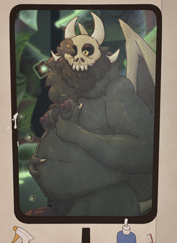 anthro bathroom belly big_beard big_nipples big_penis bodily_fluids bone brush chest_tuft erection fangs fondling genitals horn male milk mirror moob_grab muscular muscular_male navel_poke nipples overweight overweight_male penis pubes self_fondle skull skull_head soap_dispenser solo spray_bottle stunned teeth toothbrush tuft wings papa_olive disney the_owl_house papa_titan_(the_owl_house) demon titan_(the_owl_house) hi_res