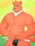 4_fingers anthro clothed clothing eyes_closed fingers front_view fur jewelry jockstrap male muscular muscular_anthro muscular_male necklace orange_body orange_fur skimpy solo topless underwear thecaptainteddy cartoon_network steven_universe foxman canid canine fox mammal